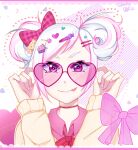  1girl absurdres bow candy_hair_ornament decora decorations food-themed_hair_ornament gyaru hair_bow hair_ornament heart heart-shaped_eyewear highres kogal looking_at_viewer md5_mismatch nail_art nail_polish original pink_background pink_eyes spooky-dollie sunglasses sweater tongue tongue_out white_hair 