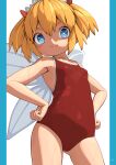  1girl armpits ass_visible_through_thighs blue_eyes brown_hair casual_one-piece_swimsuit fairy fairy_wings hands_on_hips highres huxiao_(mistlakefront) looking_at_viewer one-piece_swimsuit red_swimsuit ribbon short_hair smile solo sunny_milk swimsuit thighs touhou two_side_up wings 