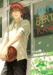  1boy ball basketball black_pants commentary_request eyebrows happy_birthday holding holding_ball jewelry kagami_taiga kuroko_no_basuke looking_at_viewer male_focus necklace outdoors pants plant red_eyes redhead ring_necklace school_uniform shirt short_hair short_sleeves smile solo suiact sunlight teeth white_shirt window 