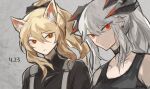  2girls absurdres animal_ear_fluff animal_ears arknights black_bow black_choker black_shirt black_tank_top blemishine_(arknights) blonde_hair bow choker closed_mouth commentary dated dragon_horns english_commentary expressionless frown grey_background hair_bow highres horns horse_ears iwis long_hair looking_at_viewer multiple_girls orange_eyes saria_(arknights) shirt silver_hair tank_top twitter_username upper_body 