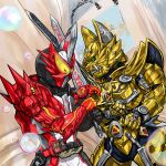  2boys armor battle brave_dragon crossover fighting full_armor garo garo_(series) gold_armor green_eyes helmet highres holding holding_sword holding_weapon horns huujyu kaenken_rekka kamen_rider kamen_rider_saber kamen_rider_saber_(series) multiple_boys single_horn sword tokusatsu weapon wonder_ride_book 