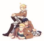  1girl 2boys annie_leonhardt bangs bertolt_hoover black_hair blonde_hair blue_eyes blue_shirt boots brown_eyes chest_belt clenched_teeth closed_mouth cropped_jacket crown_(symbol) grey_pants harness hood hood_down hoodie jacket leather leather_boots leather_jacket looking_at_viewer looking_away lying midooka_(o_k_k) multiple_boys on_person on_stomach open_mouth pants paradis_military_uniform reiner_braun shingeki_no_kyojin shirt short_hair sitting smile teeth thigh-highs thigh_boots three-dimensional_maneuver_gear white_background 