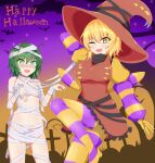  2girls alternate_costume antennae bangs bat black_shirt blonde_hair breasts brown_dress buttons commentary_request cross dress eyebrows_visible_through_hair feet_out_of_frame green_eyes green_hair hair_between_eyes halloween happy_halloween highres kurodani_yamame large_breasts looking_at_viewer multiple_girls mummy_costume one_eye_closed open_mouth purple_legwear purple_sleeves seo_haruto shirt short_hair small_breasts smile striped striped_legwear striped_sleeves tombstone touhou turtleneck wriggle_nightbug yellow_eyes yellow_legwear yellow_sleeves 