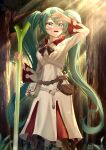 1girl :d absurdres aqua_eyes artist_name belt blurry blurry_foreground branch commission cosplay curly_hair eyebrows_visible_through_hair final_fantasy forest grass green_hair hair_between_eyes hand_up hatsune_miku highres holding holding_leaf leaf leather_bag leek long_hair long_sleeves nature official_art open_mouth pouch rayleigh_scale smile solo standing teeth tied_hair tree tree_shade twintails upper_teeth very_long_hair vocaloid white_mage white_mage_(cosplay) white_robe wide-eyed 