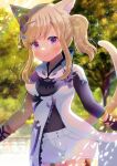  1girl animal_ears bangs black_shirt blonde_hair blurry blurry_background braid cat_ears cat_girl cat_tail closed_mouth day depth_of_field dress eyebrows_visible_through_hair final_fantasy final_fantasy_xiv garter_straps kou_hiyoyo long_sleeves looking_at_viewer miqo&#039;te outdoors ponytail shirt short_shorts shorts sidelocks single_sleeve smile solo tail tree violet_eyes white_dress white_shorts 