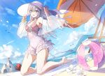  1girl :d amamiya_chitose ball bangs bare_shoulders barefoot beach beach_chair beach_umbrella beachball bird blue_eyes blue_sky blush bow breasts bucket bullet_code:_firewall clouds covered_navel day dutch_angle eyebrows_visible_through_hair flower frilled_swimsuit frills full_body hair_bow hat hat_ribbon holding holding_clothes holding_hat kneeling leg_ribbon light_purple_hair long_hair looking_at_viewer low_twintails medium_breasts mountainous_horizon official_art one-piece_swimsuit open_mouth outdoors petals purple_ribbon ribbon sand_castle sand_sculpture scrunchie sky smile solo sun_hat swimsuit thighs twintails umbrella wattaro white_bow white_flower white_headwear white_ribbon wrist_scrunchie yellow_scrunchie 