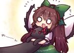  2girls :3 animal animal_ears bangs bird_wings black_cat blush bow brown_hair cape cat cat_ears center_frills commentary_request feathered_wings frilled_skirt frills glint green_bow green_skirt hair_bow hair_ribbon holding holding_animal holding_cat kaenbyou_rin kaenbyou_rin_(cat) long_hair longcat multiple_girls open_mouth puffy_short_sleeves puffy_sleeves red_bow red_eyes reiuji_utsuho ribbon shirt short_sleeves sidelocks simple_background skirt solid_circle_eyes standing third_eye touhou tress_ribbon twitter_username unime_seaflower upper_body white_background white_cape white_shirt wings 