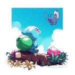  border bright_pupils bulbasaur butterfree claws clouds day from_below highres kelvin-trainerk no_humans outdoors pokemon pokemon_(creature) red_eyes sitting sky twitter_username white_border white_pupils 
