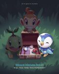  briefcase chimchar closed_eyes commentary english_commentary english_text grass grin highres kelvin-trainerk no_humans open_mouth own_hands_together piplup poke_ball poke_ball_(basic) pokemon pokemon_(creature) smile standing starter_pokemon_trio teeth tongue turtwig twitter_username 