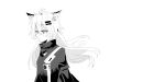  1girl absurdres animal_ear_fluff animal_ears arknights bangs chihuri closed_mouth eyebrows_visible_through_hair greyscale hair_between_eyes hair_ornament hairclip highres jacket lappland_(arknights) long_hair looking_away monochrome scar scar_across_eye simple_background smile solo upper_body very_long_hair white_background 