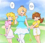  afrobull blonde_hair blue_eyes breasts crown dress earrings hair_over_one_eye highres jewelry lips long_hair looking_at_viewer multiple_girls open_mouth princess_daisy princess_peach rosalina smile star_(symbol) star_earrings super_mario_bros. 