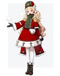  1girl black_footwear black_gloves blonde_hair blue_eyes blush capelet dress full_body gloves hat highres long_hair long_sleeves open_mouth original red_dress rinotuna shadow shoes snowball solo standing very_long_hair white_legwear 