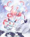  bright_pupils claws closed_mouth commentary english_commentary evolutionary_line half-closed_eyes highres hisuian_zoroark hisuian_zorua kelvin-trainerk looking_down pokemon pokemon_(creature) red_eyes smile snow snowing twitter_username white_pupils 