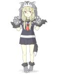  1girl akara_kai animal_hands black_ribbon black_serafuku blonde_hair claws full_body gloves hair_flaps hair_ribbon kantai_collection long_hair looking_at_viewer neckerchief paw_boots paw_gloves red_eyes red_neckwear remodel_(kantai_collection) ribbon sailor_collar school_uniform serafuku simple_background solo tail white_background white_sailor_collar wolf_hood wolf_tail yuudachi_(kancolle) 