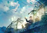  1boy bird cat clouds day dove fence fusui highres leaf luggage male_focus necktie original scenery shoes signature sitting sky solo sunlight 