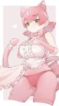  1girl :3 alenka animal_ears bow brown_eyes closed_mouth elbow_gloves eyebrows_visible_through_hair gloves hands_on_own_chest heart highres kemono_friends looking_at_viewer panties pantyhose peach_panther_(kemono_friends) pink_gloves pink_hair pink_legwear pink_panties short_hair smile solo tail tail_bow tail_ornament underwear white_bow 