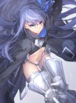  1girl armored_boots bangs blue_eyes blue_ribbon blush boots breasts cropped_jacket crotch_plate fate/extra fate/extra_ccc fate_(series) hair_ribbon highres knt02142769 long_hair long_sleeves looking_at_viewer meltryllis_(fate) navel prosthesis prosthetic_leg purple_hair ribbon sleeves_past_fingers sleeves_past_wrists small_breasts very_long_hair 