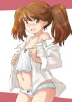  1girl blush brown_eyes brown_hair camisole collarbone commentary_request contrapposto cowboy_shot flat_chest fuji_(pixiv24804665) highres kantai_collection long_hair looking_at_viewer navel nose_blush open_clothes open_shirt panties ryuujou_(kancolle) shirt solo standing two-tone_background underwear wavy_mouth white_camisole white_panties white_shirt 