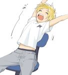  1boy arms_up bangs blonde_hair chair closed_eyes grey_pants male_focus open_mouth original pants pillow_(nutsfool) shirt short_sleeves simple_background sitting solo spiky_hair stretch sweatpants white_background white_shirt yawning 