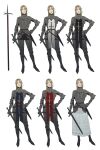  1girl absurdres alternate_costume armor blonde_hair character_sheet highres holding holding_sword holding_weapon knight original shoulder_armor sword tabard weapon 