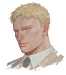  1boy beige_jacket blonde_hair collared_shirt commentary_request cropped_shoulders expressionless facial_hair goatee looking_to_the_side male_focus marley_military_uniform mature_male necktie reiner_braun shingeki_no_kyojin shirt short_hair sideburns solo white_background yellow_eyes zoo_(oukakumaku) 