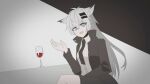  1girl :d alcohol animal_ear_fluff animal_ears arknights bangs black_background black_jacket black_neckwear black_shorts blue_eyes chihuri collared_shirt cup dress_shirt drinking_glass eyebrows_visible_through_hair fang grey_background grey_hair hair_between_eyes hair_ornament hairclip hand_up highres jacket lappland_(arknights) long_hair long_sleeves necktie open_clothes open_jacket shirt short_shorts shorts smile solo two-tone_background very_long_hair white_shirt wine wine_glass 