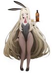  1girl absurdres alcohol animal_ears bangs bare_shoulders black_legwear blonde_hair blue_eyes blush bottle covered_navel cup detached_collar drinking_glass eyebrows_visible_through_hair flat_chest full_body highres long_hair mole mole_under_eye original pantyhose rabbit_(wlsdnjs950) rabbit_ears simple_background solo tray very_long_hair whiskey white_background 