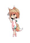  1girl animal_ears bangs black_eyes blonde_hair bow breasts brown_eyes chibi confused dairi eyebrows_visible_through_hair fox_ears fox_tail full_body green_bow hair_between_eyes hand_up jumpsuit kudamaki_tsukasa looking_to_the_side open_mouth short_hair short_sleeves simple_background small_breasts socks solo standing tachi-e tail test_tube touhou white_background white_jumpsuit white_legwear white_sleeves 