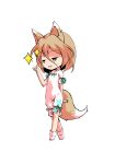  1girl animal_ears bangs black_eyes blonde_hair bow breasts brown_eyes chibi dairi eyebrows_visible_through_hair fox_ears fox_tail full_body green_bow hair_between_eyes hand_up jumpsuit kudamaki_tsukasa looking_to_the_side open_mouth short_hair short_sleeves simple_background small_breasts smile smug socks solo standing star_(symbol) tachi-e tail test_tube touhou white_background white_jumpsuit white_legwear white_sleeves 