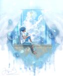  1boy bubble clouds day denim facing_to_the_side fusui highres jeans looking_back male_focus original pants ramune scenery shirt signature sky solo t-shirt white_shirt wind_chime window 