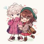  1boy 1girl :d ahoge backpack bag bangs bede_(pokemon) blush boots brown_bag brown_eyes brown_footwear brown_hair buttons cable_knit cardigan chibi closed_mouth coat collared_dress commentary_request curly_hair eyelashes gloria_(pokemon) green_headwear green_legwear grey_cardigan grey_eyes grey_hair hand_up hat heart hooded_cardigan leggings long_sleeves open_mouth plaid plaid_legwear pokemon pokemon_(game) pokemon_swsh purple_coat shoes short_hair smile socks squiggle tam_o&#039;_shanter white_legwear zzzpani 