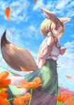  1girl animal_ears bare_shoulders black_hair blonde_hair blue_hair braid closed_mouth clothing_cutout field flower flower_field forehead fox_ears fox_girl fox_tail from_below from_side green_skirt hair_over_shoulder highres hololive long_hair long_skirt looking_at_viewer multicolored_hair omaru_polka parted_hair petals pink_hair short_sleeves shoulder_cutout side_braid skirt smile solo streaked_hair tail violet_eyes virtual_youtuber wind xyunx 
