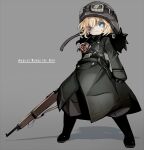  1girl blonde_hair blue_eyes boots closed_mouth gloves goggles goggles_on_headwear gun hat karukan_(monjya) looking_at_viewer military military_uniform short_hair simple_background solo tanya_degurechaff uniform weapon youjo_senki 