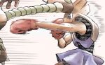  commentary_request fighting from_side grey_background grey_eyes hitmonchan hitmonlee kicking motion_blur motion_lines mukiguri outstretched_arm pokemon punching sweat 