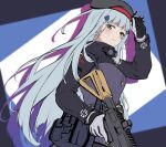  1girl 3_small_spiders :o assault_rifle bangs beret black_headwear blue_hair blush breasts crossed_bangs eyebrows_visible_through_hair from_above girls_frontline gloves green_eyes gun h&amp;k_hk416 hand_on_headwear hat highres hk416_(girls&#039;_frontline) holding holding_gun holding_weapon long_hair looking_at_viewer medium_breasts open_mouth rifle simple_background solo tactical_clothes teardrop_facial_mark teardrop_tattoo uniform upper_body weapon white_gloves 