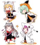  4girls adapted_costume ahoge animal_hood black_dress black_hair black_headwear black_ribbon black_serafuku blonde_hair boned_meat candy cape chibi dress eating food green_hair hair_flaps hair_ornament hair_ribbon hairclip hamanami_(kancolle) hat highres hood i-47_(kancolle) kantai_collection lollipop long_hair low-tied_long_hair meat multiple_girls official_alternate_costume pink_hair poipoi_purin remodel_(kantai_collection) ribbon school_uniform serafuku short_hair simple_background tail tama_(kancolle) traditional_media white_background white_cape witch_hat wolf_hood wolf_tail yuudachi_(kancolle) |_| ||_|| 