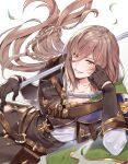  1boy belt bracelet braid brown_eyes brown_hair gloves granblue_fantasy hand_on_own_cheek hand_on_own_face holding holding_weapon jewelry lamorak_(granblue_fantasy) leaves_in_wind long_bangs long_hair looking_at_viewer lying male_focus on_side over_shoulder shirt smile solo tyyni vial weapon weapon_over_shoulder white_background white_shirt 