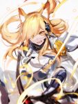  1girl animal_ear_fluff animal_ears arknights blonde_hair grey_background headphones highres horse_ears long_hair looking_at_viewer nearl_(arknights) nearl_the_radiant_knight_(arknights) open_mouth solo upper_body yellow_eyes zuo_daoxing 