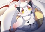  :&lt; blush bright_pupils closed_mouth highres hisuian_zorua looking_at_viewer lying nata_de_coco_(pankptomato) no_humans on_back pokemon pokemon_(creature) solo white_pupils yellow_eyes 