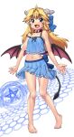  1girl barefoot blonde_hair blue_eyes camisole collar demon_girl demon_horns demon_tail fang full_body hase_yu horns long_hair low_wings midriff miniskirt navel open_mouth original pleated_skirt pointy_ears sidelocks skirt smile solo tail wings 