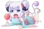 1girl bangs blue_eyes blunt_bangs double_bun eyebrows_visible_through_hair food gradient_hair holding hot_vr japanese_clothes kanna_kamui kimono kobayashi-san_chi_no_maidragon legs_up lying multicolored_hair on_stomach open_mouth purple_hair sandals simple_background solo tail watermark white_background yukata