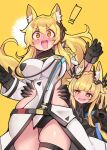  ! +_+ 2girls :d animal_ear_fluff animal_ears arknights armor bangs blemishine_(arknights) blemishine_(moon_catastrborn)_(arknights) blonde_hair blunt_bangs blush breasts commentary ditienan_ddn eyebrows_visible_through_hair hair_between_eyes large_breasts long_hair multiple_girls nearl_(arknights) nearl_the_radiant_knight_(arknights) official_alternate_costume siblings simple_background sisters smile thigh_strap thighs v-shaped_eyebrows yellow_background yellow_eyes 