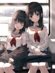  bag black_hair blush cardigan closed_eyes facing_viewer grey_eyes hair_ornament hairclip height_difference highres kanzi long_hair original school_bag school_uniform serafuku side-by-side sitting sleeping train_interior window 