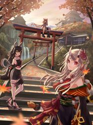  ahoge animal_ears architecture autumn autumn_leaves black_legwear black_skirt blue_eyes breasts castle choker cliff collarbone commentary_request detached_sleeves east_asian_architecture evening falling_leaves fox_ears fox_girl fox_tail full_body highres hololive horns japanese_clothes kimono leaf long_hair looking_at_viewer maple_leaf mask nakiri_ayame obi obiage obijime oni_horns oni_mask ookami_mio outdoors pleated_skirt red_choker red_eyes ribbon_choker roboqlo sash scenery school_uniform serafuku shirakami_fubuki shrine single_thighhigh sitting skirt small_breasts stairs standing stone_stairs tail thigh-highs torii virtual_youtuber water waterfall white_legwear wolf_ears wolf_girl wolf_tail yellow_eyes 