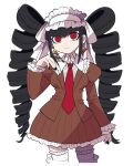  1girl alternate_costume bangs black_hair black_nails bonnet breasts brown_jacket brown_skirt celestia_ludenberg claw_ring commentary_request cowboy_shot danganronpa:_trigger_happy_havoc danganronpa_(series) drill_hair earrings frilled_skirt frills furukawa_(yomawari) gothic_lolita hand_up highres jacket jewelry juliet_sleeves large_breasts lolita_fashion long_hair long_sleeves looking_at_viewer nail_polish necktie pleated_skirt puffy_sleeves red_eyes red_necktie simple_background skirt smile solo thigh-highs twin_drills twintails white_background white_legwear zettai_ryouiki 