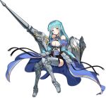  1girl ark_order armor armored_boots artist_request bangs bare_shoulders black_corset black_legwear blue_cape blue_hair boots bra braid breasts cape closed_mouth corset full_body gareth_(ark_order) grey_footwear holding holding_shield holding_weapon large_breasts long_hair official_art shield sitting solo tachi-e thigh-highs thigh_boots transparent_background underwear weapon white_bra yellow_eyes 