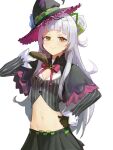  1girl absurdres black_capelet black_skirt blush brown_gloves capelet closed_mouth gloves hat highres hololive long_hair looking_at_viewer mac_star midriff murasaki_shion navel simple_background skirt smile solo virtual_youtuber white_background white_hair witch_hat yellow_eyes 