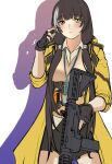  1girl 3_small_spiders bangs black_gloves black_hair black_skirt blush brown_vest closed_mouth eyebrows_visible_through_hair feet_out_of_frame fingerless_gloves girls_frontline gloves gun hand_up headphones heterochromia highres holding holding_gun holding_weapon jacket long_hair looking_at_viewer multicolored_hair open_clothes open_jacket red_eyes ro635 ro635_(girls&#039;_frontline) shadow skirt solo standing vest weapon white_background yellow_eyes yellow_jacket 