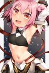  1girl astolfo_(fate) astolfo_(saber)_(fate) astolfo_(saber)_(fate)_(cosplay) black_bow black_neckwear blush bow bowtie cosplay cowboy_shot eyebrows_visible_through_hair fang fate/grand_order fate_(series) groin hair_between_eyes highres kantai_collection kunashiri_(kancolle) navel open_mouth pink_hair short_hair smile solo two_side_up wing_collar yasume_yukito yellow_eyes 