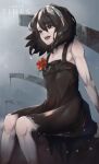  1girl anita_(arknights) arknights bangs bare_shoulders black_dress black_eyes black_hair commentary dress driftingtiger english_commentary eyebrows_visible_through_hair flower highres lapel_flower medium_hair messy_hair open_mouth red_flower sitting solo 